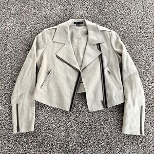Theory 100% Linen Mono Biker Zip Up Jacket Blazer Women Size M Beige Long Sleeve